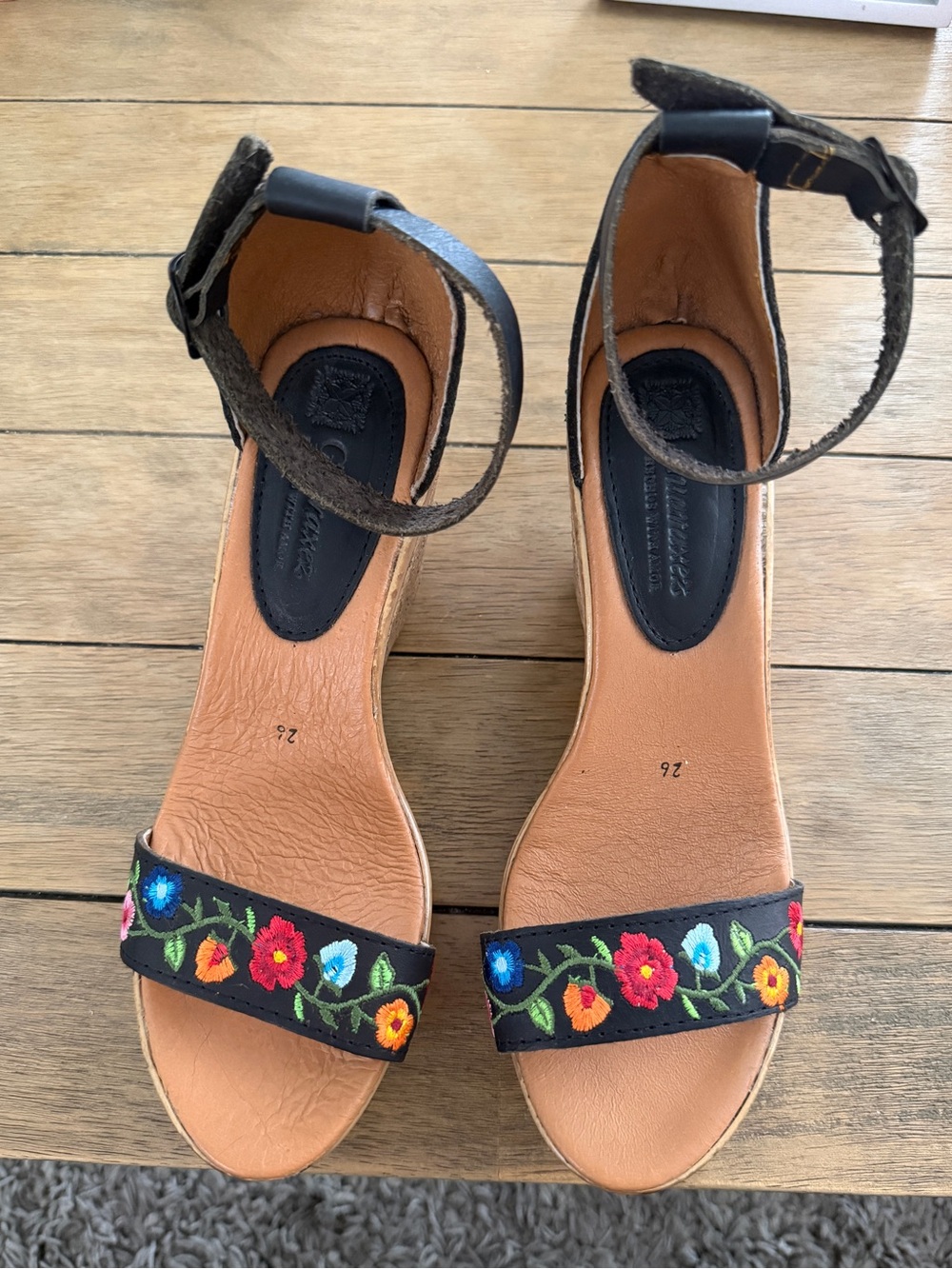 Embroidered Floral Ankle-Strap Wedges in Black